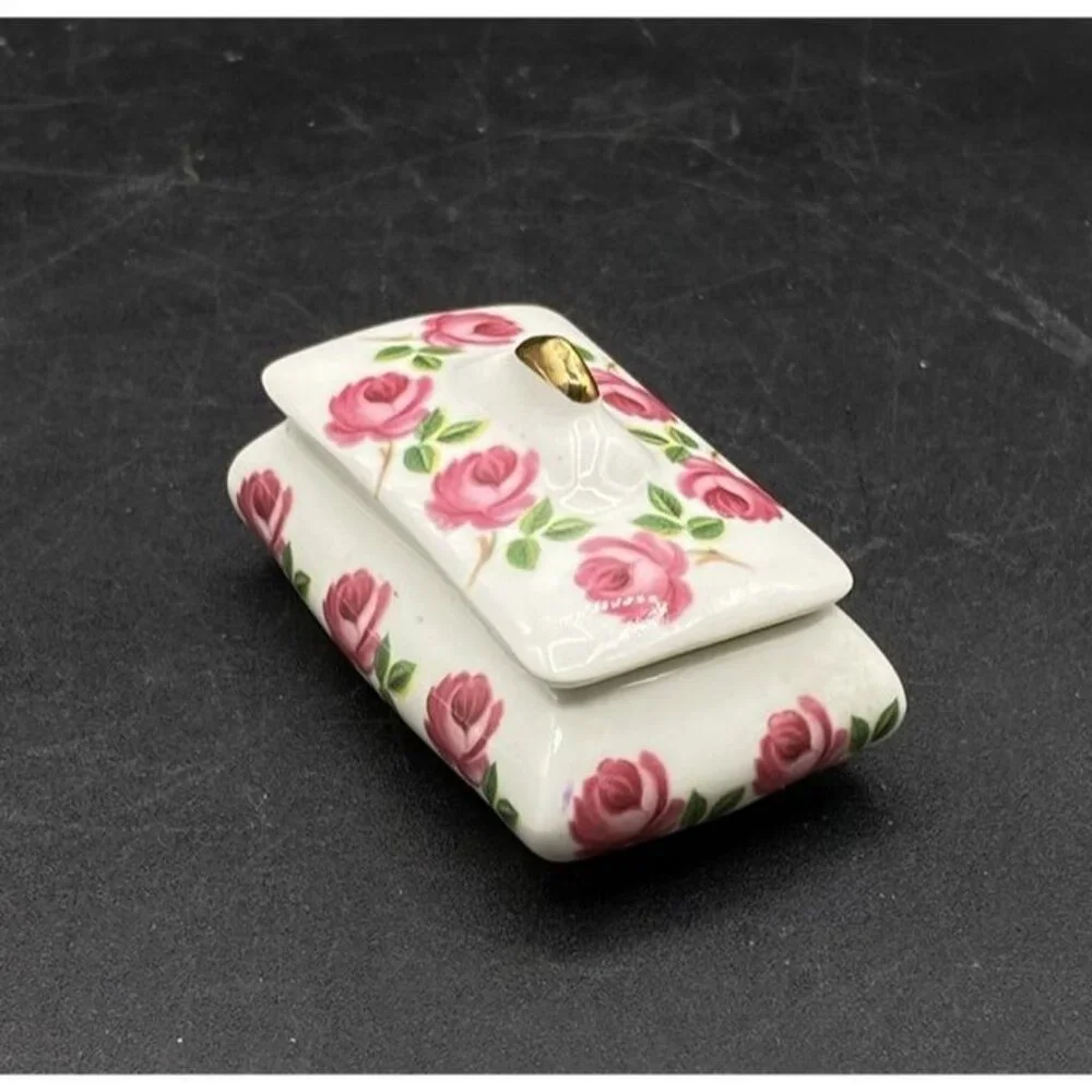 Sandford Pottery England Fine Bone China Trinket Box Pink Roses Vintage